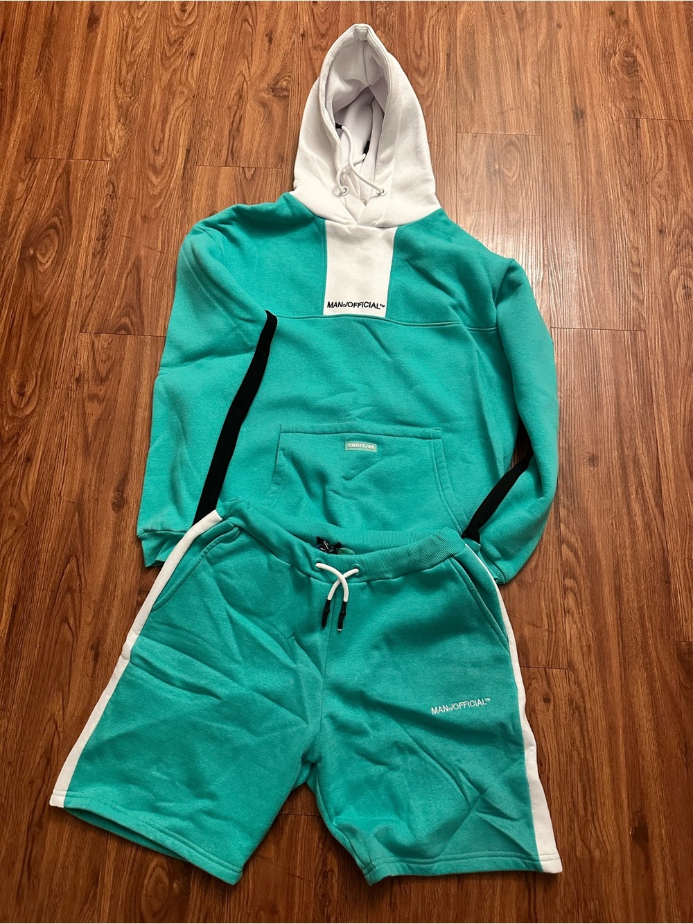 BoohooMAN Teal & White Hooded Sweatshirt and Shorts Set
